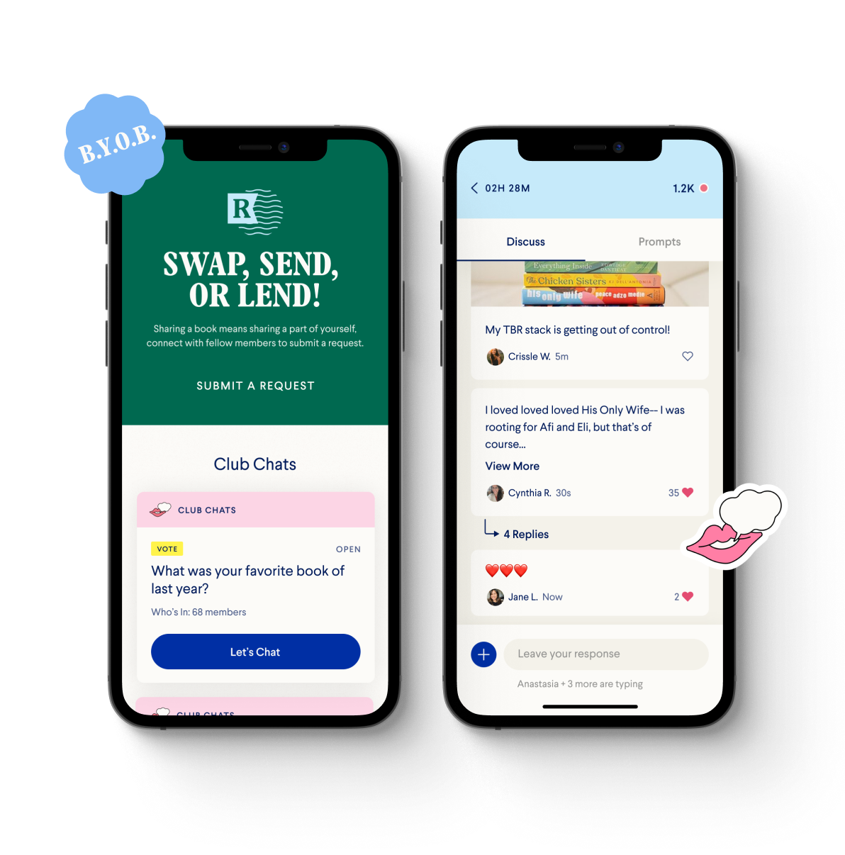Reese’s Book Club App screens designed for community conversation and book sharing
