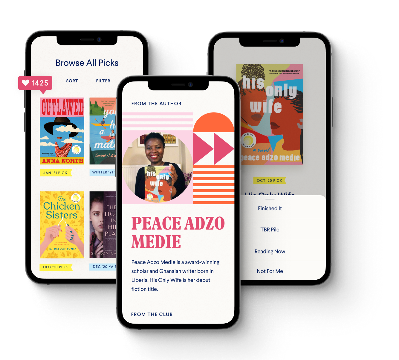 Reese’s Book Club App screens showing book discovery
